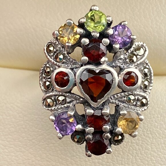 Heart Shaped Multi Gemstone Garnet Citrine Amethyst Sterling Silver Ring Sz. 5 - Picture 13 of 15